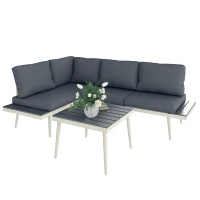 Outsunny 3 Piece Garden Furniture Set with 5-Level Adjustable Lounger, L Shaped Garden Corner Sofa with Cushions, Mesh Seat, Slatted Wood-Grain Table, Outdoor Furniture Set for Conservatory, Grey(m-10)