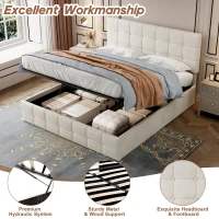 Velvet Double Bed with Hydraulic Storage, Adjustable Button Tufted Headboard, Upholstered Storage Bed Frame, 195L x 145W x 116H cm, Beige(m-5)