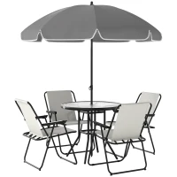 Outsunny 4 Seater Garden Furniture Set, 6 Pieces Garden Table and Chairs with Parasol, Outdoor Garden Dining Set with Folding Chairs and Round Glass Top Table for Patio, Cream White(m-1)