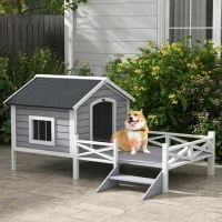 PawHut Small/Medium Dog House with Porch, Grey(m-2)