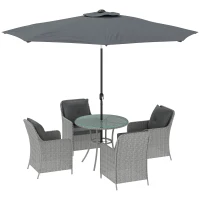 Outsunny 4 Seater Rattan Dining Set with Parasol & Cushions - Light Grey(m-1)