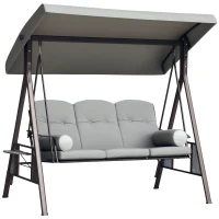 Outsunny Banco Baloiço de Jardim de 3 Lugares com Teto 2 Almofadas Suporte para Bebidas e Estrutura de Metal para Terraço Balcão Exterior Carga Máxima 360kg 206x116x183cm Cinza(m-10)