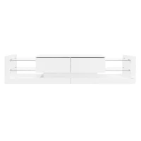 Open Glass Storage TV Stand with LED Lights, Modern Entertainment Centre with High Gloss Finish, Sliding Doors, 181L x 38W x 38H cm, White(m-14)