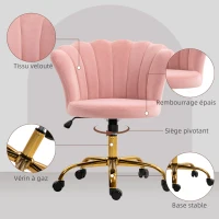 HOMCOM Chaise bureau en velours, chaise coiffeuse avec dossier en pétale, hauteur réglable, 69 x 64 x 80-90 cm, rose(m-5)