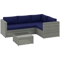 Outsunny 3 Pieces PE Rattan Garden Furniture Set with 10 cm Thick Cushions, 4 Seater Garden Corner Sofa Set with Glass Top Coffee Table, Outdoor Furniture for Patio, Porch, Blue(m-10)