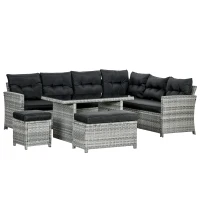 Outsunny 5-Piece Rattan Patio Furniture Set with Corner Sofa, Footstools, Glass Coffee Table, Cushions, Mixed Grey(m-1)
