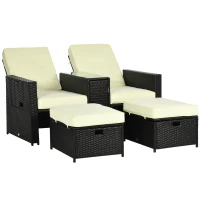 Outsunny 5PC PE Rattan Sun Lounger, Outdoor Wicker 5-level Adjustable Recliner Sofa Bed with Storage Side Table and Footstools, for Patio, Garden, Poolside, Black(m-1)
