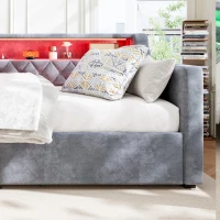 3FT Sofa Bed with 2 Drawers on Wheels, Light Strip, Charging Port, Upholstered Single Bed with Velvet Finish, 206L x 104W x 74H cm, Grey(m-9)