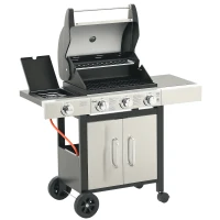 Outsunny Gas Barbecue Grill 3+1 Burner Garden Smoker BBQ Trolley w/ Side Burner Warming Rack Side Shelves Storage Cabinet Piezo Ignition Thermometer Stainless Steel + Metal(m-10)