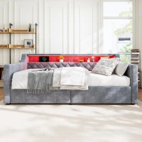 3FT Sofa Bed with 2 Drawers on Wheels, Light Strip, Charging Port, Upholstered Single Bed with Velvet Finish, 206L x 104W x 74H cm, Grey(m-6)