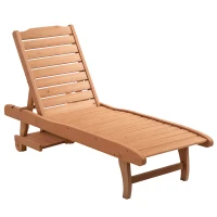 Outsunny Outdoor Wooden Lounger Chair, Sun Bed with Built-In Table, Adjustable Backrest and Wheels, Red Brown(m-10)