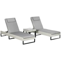Outsunny 3-piece PE Rattan Sun Lounger Set with Adjustable 5-Position Recliner, Patio Chaise Lounge Chair Set with Cushions, Headrests, Glass Top Square Coffee Table, Light Grey(m-1)