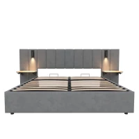 King Upholstered Bed with Charging Station, Adjustable Bedside Shelf, Velvet Hydraulic Storage Bed with Reading Light, 237L x 207W x 109H cm, Grey(m-2)