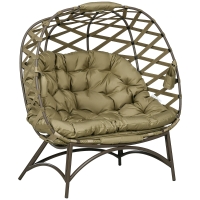 Outsunny 2 Seater Egg Chair Outdoor, Folding Weave Garden Furniture Chair with Cushion, Cup Pockets - Khaki
