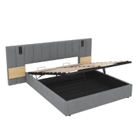 King Upholstered Bed with Charging Station, Adjustable Bedside Shelf, Velvet Hydraulic Storage Bed with Reading Light, 237L x 207W x 109H cm, Grey(m-13)