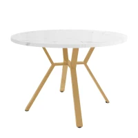 Round Dining Table with X-Shaped Metal Bracket, Marble Texture, Coffee Table for Various Interior Styles, 100L x 100W x 75H cm, Gold+White(m-2)