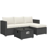 Outsunny Five Piece Rattan Garden Furniture Set with Gas Fire Pit Table and Footstool - Black and Cream White(m-10)