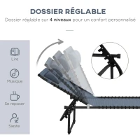 Outsunny Bain de Soleil transat Pliable Dossier inclinable Multi-Positions Acier thermoplastique Lacets élastiques Noir textilène Gris(m-4)