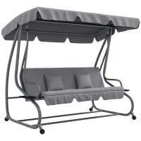 Outsunny Balancín de Jardín Exterior de 3 Plazas Convertible en Cama con Toldo Ajustable y 2 Almohadas Carga 340 kg Gris(m-10)