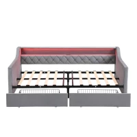 3FT Sofa Bed with 2 Drawers on Wheels, Light Strip, Charging Port, Upholstered Single Bed with Velvet Finish, 206L x 104W x 74H cm, Grey(m-13)