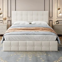 Velvet Double Bed with Hydraulic Storage, Adjustable Button Tufted Headboard, Upholstered Storage Bed Frame, 195L x 145W x 116H cm, Beige(m-7)