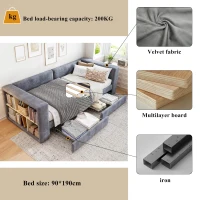 3FT Upholstered Single Bed with 2 Drawers, Side Compartments, Easy Assembly, Daybed Sofa Bed with Storage, 223.5L x 101W x 74.5H cm, Grey(m-5)