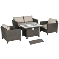 Outsunny 5-Piece Rattan Patio Furniture Set with Gas Fire Pit Table, Loveseat Sofa, Armchairs, Cushions, Pillows, Dark Brown(m-1)