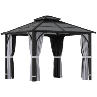 Outsunny 3 x 3(m) Hardtop Gazebo Canopy with 7mm Double Polycarbonate Roof, Garden Gazebo Permanent Pavilion with Mosquito Netting and Curtains for Patio, Deck, Dark Grey(m-10)