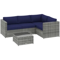 Outsunny 3 Pieces PE Rattan Garden Furniture Set with 10 cm Thick Cushions, 4 Seater Garden Corner Sofa Set with Glass Top Coffee Table, Outdoor Furniture for Patio, Porch, Blue(m-1)