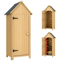 Outsunny Caseta Jardín Exterior de Madera 77,5x54,2x179,5 cm 0,3 m² para Almacenaje de Herramientas con Estantes Puertas Natural(m-10)