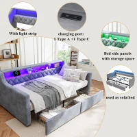 3FT Sofa Bed with 2 Drawers on Wheels, Light Strip, Charging Port, Upholstered Single Bed with Velvet Finish, 206L x 104W x 74H cm, Grey(m-5)