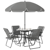Outsunny 4 Seater Garden Furniture Set, 6 Pieces Garden Table and Chairs with Parasol, Outdoor Garden Dining Set with Folding Chairs and Round Glass Top Table for Patio, Grey