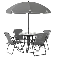 Outsunny 4 Seater Garden Furniture Set, 6 Pieces Garden Table and Chairs with Parasol, Outdoor Garden Dining Set with Folding Chairs and Round Glass Top Table for Patio, Grey(m-10)