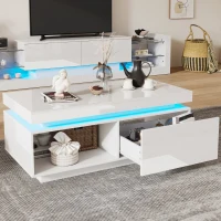 High Gloss LED Coffee Table with Storage Drawer, Display Shelf, Modern Centre Table with Remote-Controlled Lighting, 100L x 50W x 40H cm, White(m-8)