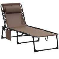 Outsunny Liegestuhl, Zusammenklappbare Liege mit Nackenkissen, Stahlrahmen, Netzstoffbezug, 120 kg Belastbarkeit, Braun(m-10)