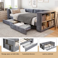 3FT Upholstered Single Bed with 2 Drawers, Side Compartments, Easy Assembly, Daybed Sofa Bed with Storage, 223.5L x 101W x 74.5H cm, Grey(m-4)