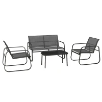 Outsunny 4-teilige Gartengarnitur, 2 Sessel, 2-Sitzer-Sofa, Tisch mit Glasplatte, atmungsaktiver Stoff, Metallrahmen, Schwarz(m-10)
