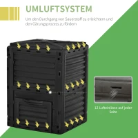 Outsunny Gartentopfkomposter 300L Komposter für Garten aus Polypropylen 48 Belüftungsöffnungen 60,5 x 60,5 x 81,5 cm schwarz(m-7)