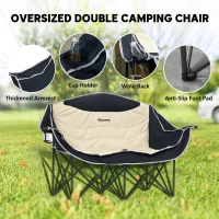 Outsunny Double Camping Chair for Adults, Oversized Heavy Duty Padded Folding Chair with Armrests, Cup Holders and Carry Bag for Outdoor Camping Hiking Picnic Fishing, 250kg Capacity, Khaki(m-4)
