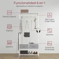 HOMCOM Perchero Zapatero con Zapatero Ganchos Cajones Barra y Eatante para Entrada Pasillo Salón 80x30x180,5 cm Blanco(m-4)