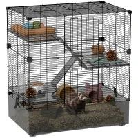 PawHut Gaiola para Pequenos Animais de 4 Níveis com Bandeja Inferior Gaiola para Roedores com Rampas Comedouro e Bebedouro 73x47x80 cm Preto(m-9)