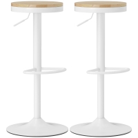 HOMCOM Juego de 2 Taburetes Altos de Cocina con Altura Ajustable Asiento de Madera Marco de Acero y Reposapiés Natural y Blanco