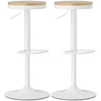 HOMCOM Juego de 2 Taburetes Altos de Cocina con Altura Ajustable Asiento de Madera Marco de Acero y Reposapiés Natural y Blanco(m-1)
