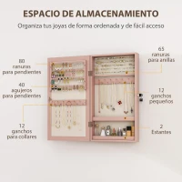 HOMCOM Espejo Joyero de Pared con Cerradura y Varios Compartimentos Montar en Pared o Puerta Rosa y Forro Beige(m-5)