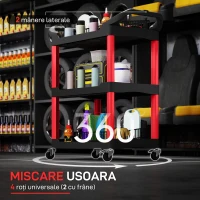 HOMCOM Cărucior pentru Scule cu 3 Niveluri din Plastic cu Mânere și Roți, Negru și Roșu(m-5)