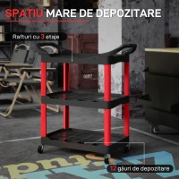 HOMCOM Cărucior pentru Scule cu 3 Niveluri din Plastic cu Mânere și Roți, Negru și Roșu(m-4)