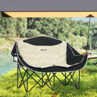 Outsunny Double Camping Chair for Adults, Oversized Heavy Duty Padded Folding Chair with Armrests, Cup Holders and Carry Bag for Outdoor Camping Hiking Picnic Fishing, 250kg Capacity, Khaki(m-7)