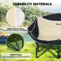 Outsunny Double Camping Chair for Adults, Oversized Heavy Duty Padded Folding Chair with Armrests, Cup Holders and Carry Bag for Outdoor Camping Hiking Picnic Fishing, 250kg Capacity, Khaki(m-5)