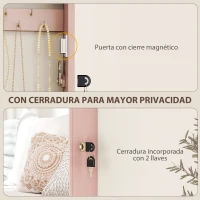 HOMCOM Espejo Joyero de Pared con Cerradura y Varios Compartimentos Montar en Pared o Puerta Rosa y Forro Beige(m-7)