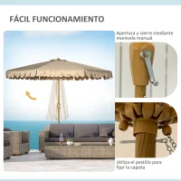 Outsunny Sombrilla de Jardín Ø264x240 cm con Ángulo Ajustable Manivela y Toldo con Volantes Decorativos para Patio Terraza Caqui(m-5)